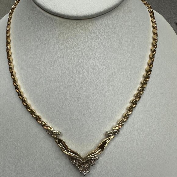 'V' Shaped Two-Toned Diamond Vintage Style Necklace 1.00cttw 14k Yellow Gold - Picture 6 of 6